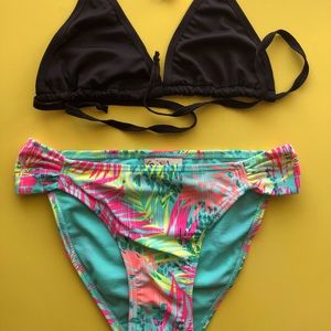 Bikini set black top and orange top and tropical bottom